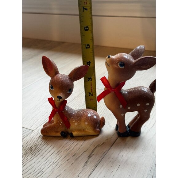 Vintage Ceramic Fawn Deer Figurines With Red Bows & Glitter Accents CUTE festive - Picture 3 of 8